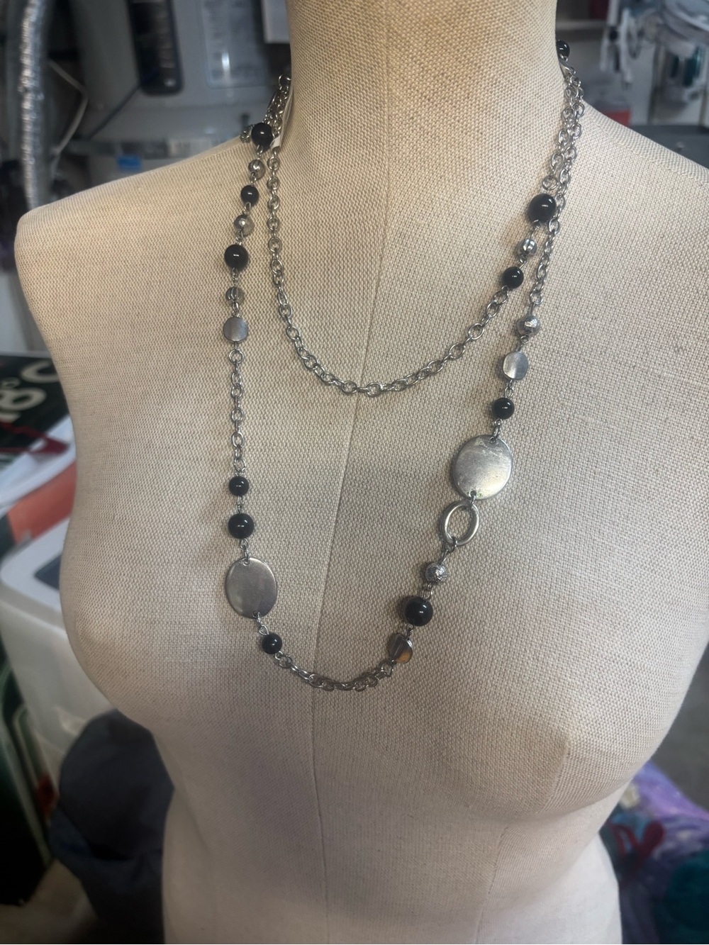 Layered Silver-Tone Necklace with Black Bead Accents